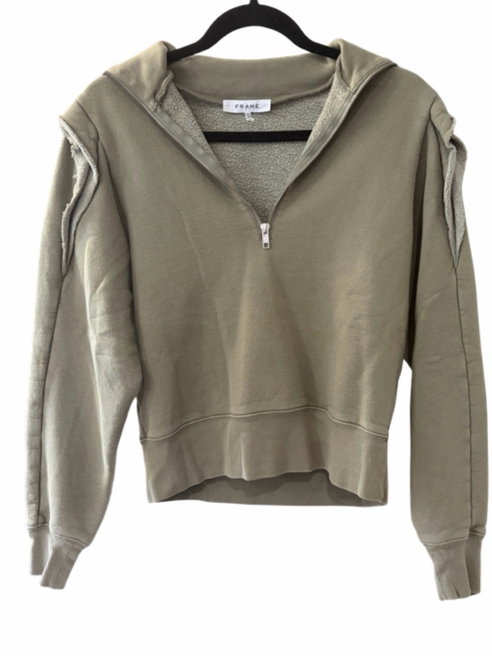 Frame Olive Half Zip Sweatshirt XS Ruffle Shoulder Pullover Cropped French Terry